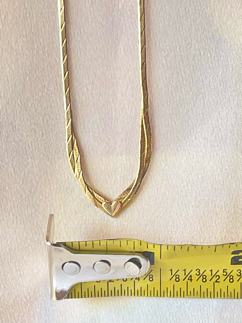 Vintage 14K Yellow Gold Layered Herringbone Chain V Necklace with Heart Center - Picture 2 of 11